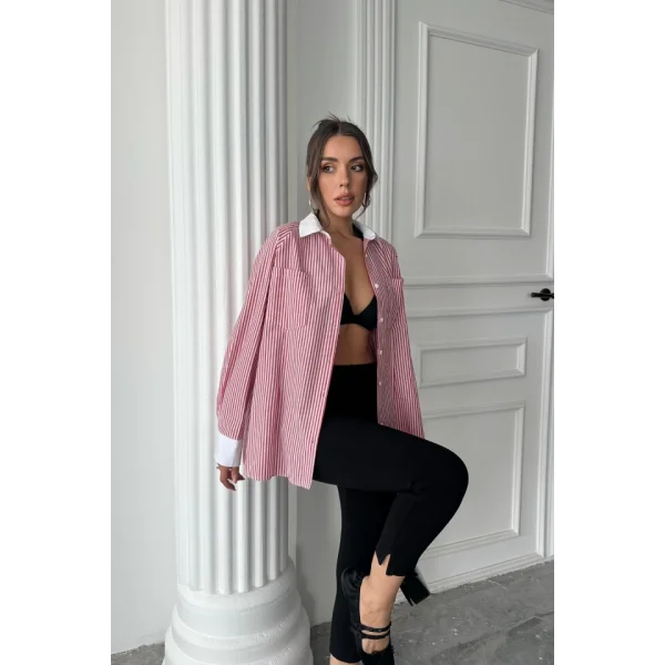 YAKA VE MANŞET BEYAZ  BOYFRİEND ÇİZGİLİ  POPLİN GÖMLEK - Bordo