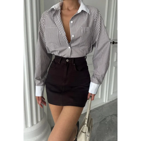 YAKA VE MANŞET BEYAZ  BOYFRİEND ÇİZGİLİ  POPLİN GÖMLEK - Kahverengi