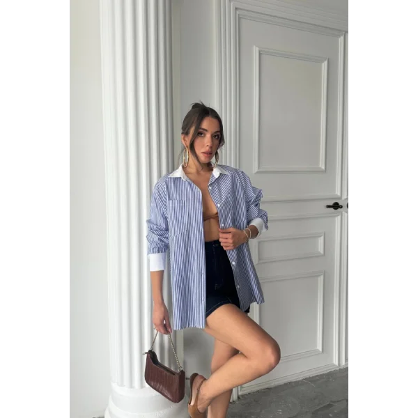 YAKA VE MANŞET BEYAZ  BOYFRİEND ÇİZGİLİ  POPLİN GÖMLEK - Mavi