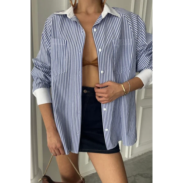 YAKA VE MANŞET BEYAZ  BOYFRİEND ÇİZGİLİ  POPLİN GÖMLEK - Mavi