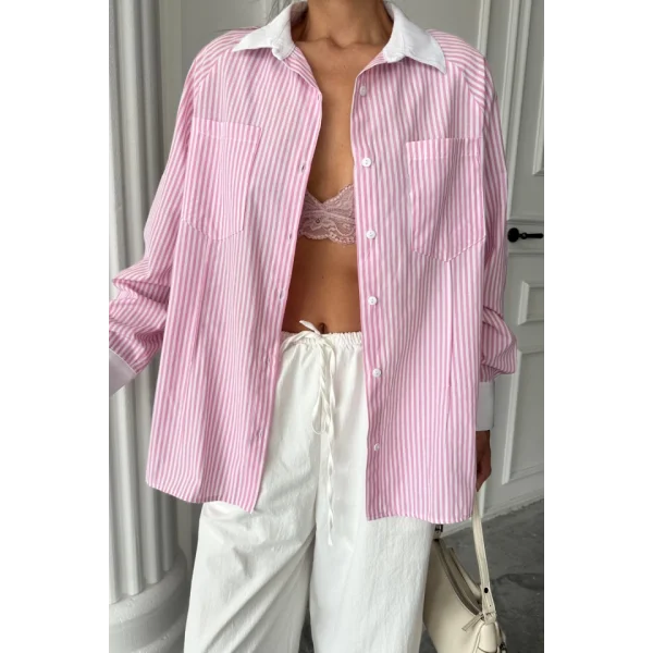 YAKA VE MANŞET BEYAZ  BOYFRİEND ÇİZGİLİ  POPLİN GÖMLEK - Pembe