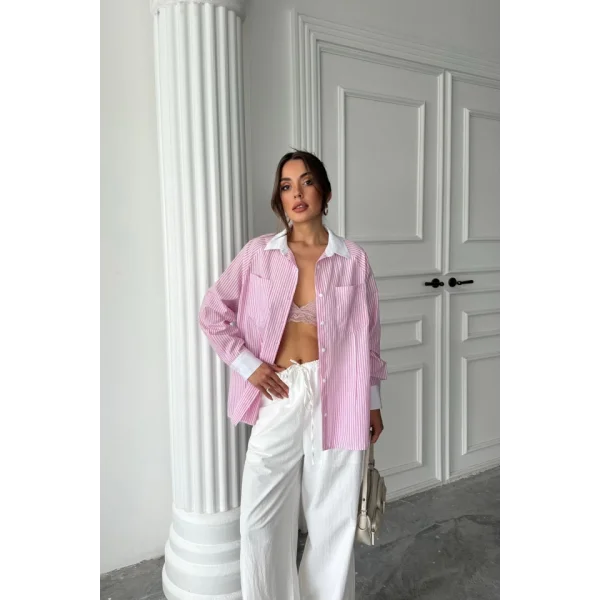 YAKA VE MANŞET BEYAZ  BOYFRİEND ÇİZGİLİ  POPLİN GÖMLEK - Pembe