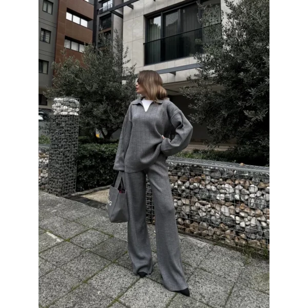 Yakalı Cizgi Detaylı Triko İkili Takım - Füme