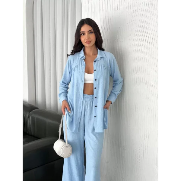 Yakalı Düğmeli Uzun Kollu Gömlek Pantolon ikili Takım - Bebek Mavisi
