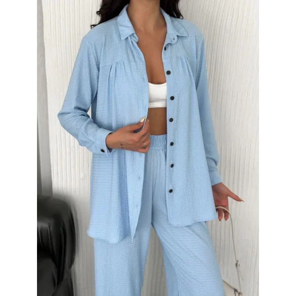 Yakalı Düğmeli Uzun Kollu Gömlek Pantolon Ikili Takım - Bebek Mavisi