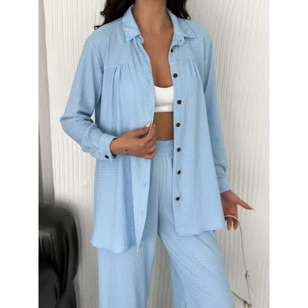 Yakalı Düğmeli Uzun Kollu Gömlek Pantolon ikili Takım - Bebek Mavisi