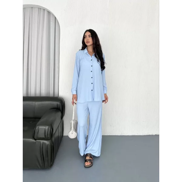 Yakalı Düğmeli Uzun Kollu Gömlek Pantolon ikili Takım - Bebek Mavisi