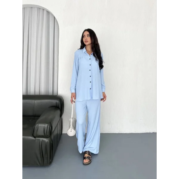 Yakalı Düğmeli Uzun Kollu Gömlek Pantolon Ikili Takım - Bebek Mavisi
