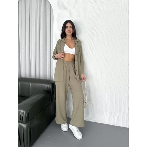 Yakalı Düğmeli Uzun Kollu Gömlek Pantolon ikili Takım - Bej