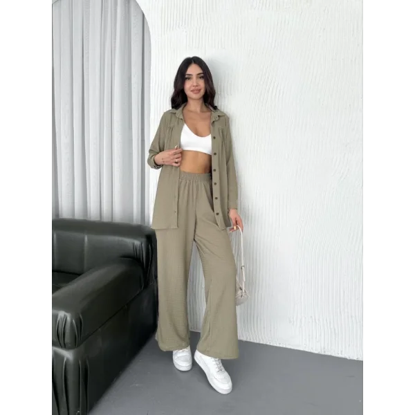 Yakalı Düğmeli Uzun Kollu Gömlek Pantolon Ikili Takım - Bej