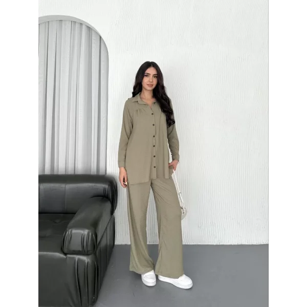 Yakalı Düğmeli Uzun Kollu Gömlek Pantolon ikili Takım - Bej