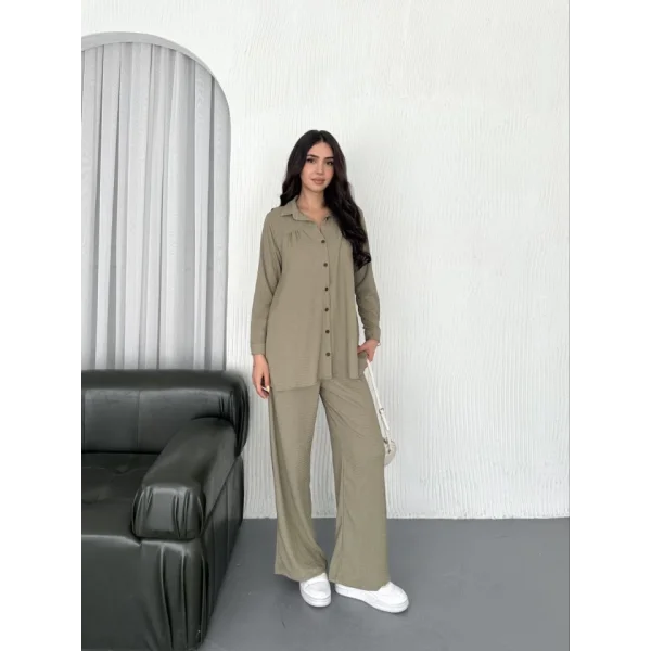 Yakalı Düğmeli Uzun Kollu Gömlek Pantolon Ikili Takım - Bej