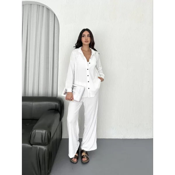 Yakalı Düğmeli Uzun Kollu Gömlek Pantolon ikili Takım - Beyaz