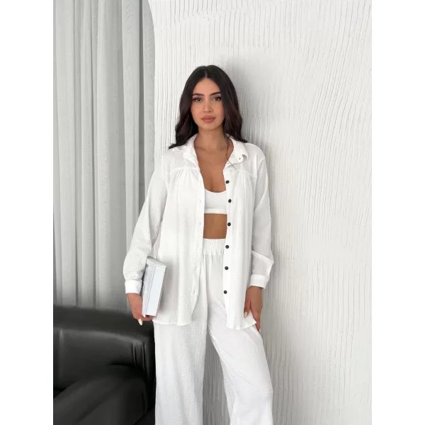 Yakalı Düğmeli Uzun Kollu Gömlek Pantolon ikili Takım - Beyaz