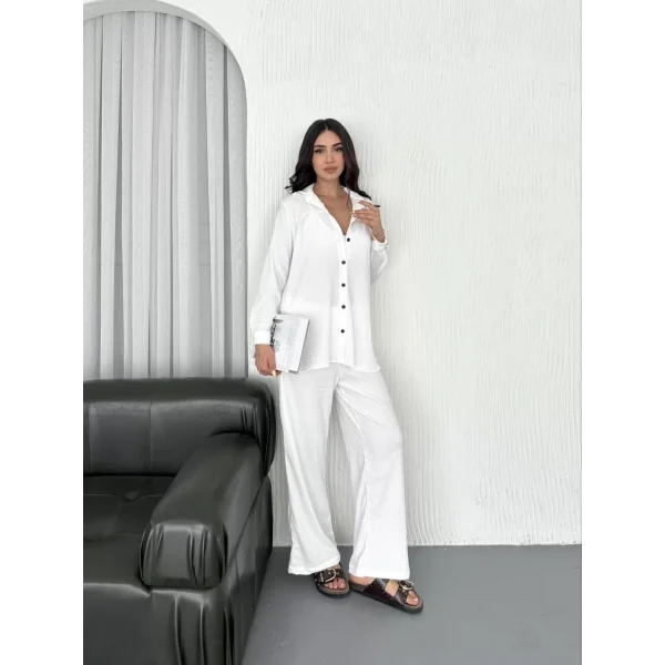 Yakalı Düğmeli Uzun Kollu Gömlek Pantolon ikili Takım - Beyaz