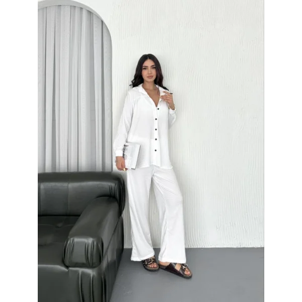 Yakalı Düğmeli Uzun Kollu Gömlek Pantolon Ikili Takım - Beyaz