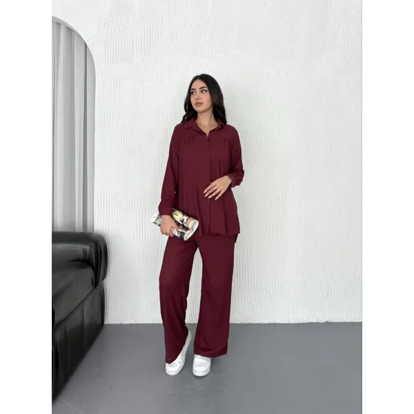 Yakalı Düğmeli Uzun Kollu Gömlek Pantolon ikili Takım - Bordo