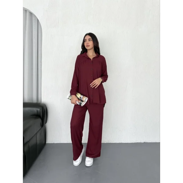 Yakalı Düğmeli Uzun Kollu Gömlek Pantolon Ikili Takım - Bordo