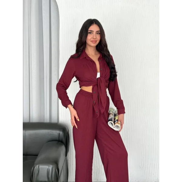 Yakalı Düğmeli Uzun Kollu Gömlek Pantolon ikili Takım - Bordo