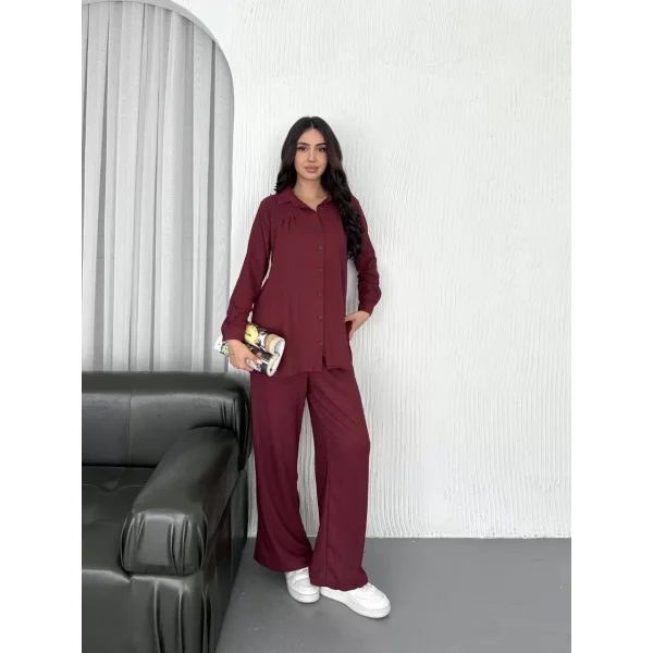 Yakalı Düğmeli Uzun Kollu Gömlek Pantolon ikili Takım - Bordo