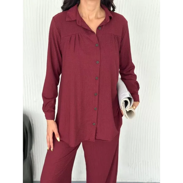 Yakalı Düğmeli Uzun Kollu Gömlek Pantolon ikili Takım - Bordo