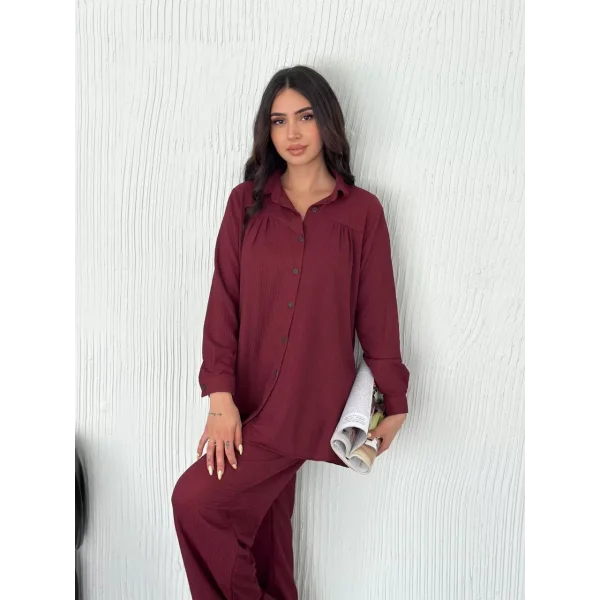 Yakalı Düğmeli Uzun Kollu Gömlek Pantolon ikili Takım - Bordo