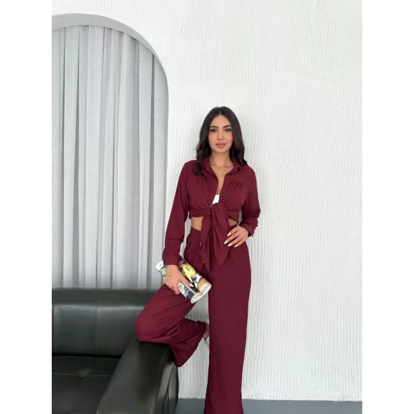 Yakalı Düğmeli Uzun Kollu Gömlek Pantolon ikili Takım - Bordo