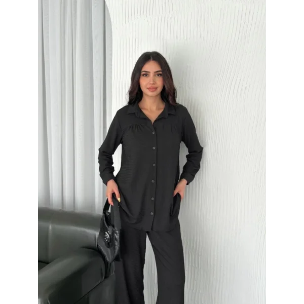 Yakalı Düğmeli Uzun Kollu Gömlek Pantolon Ikili Takım - Siyah