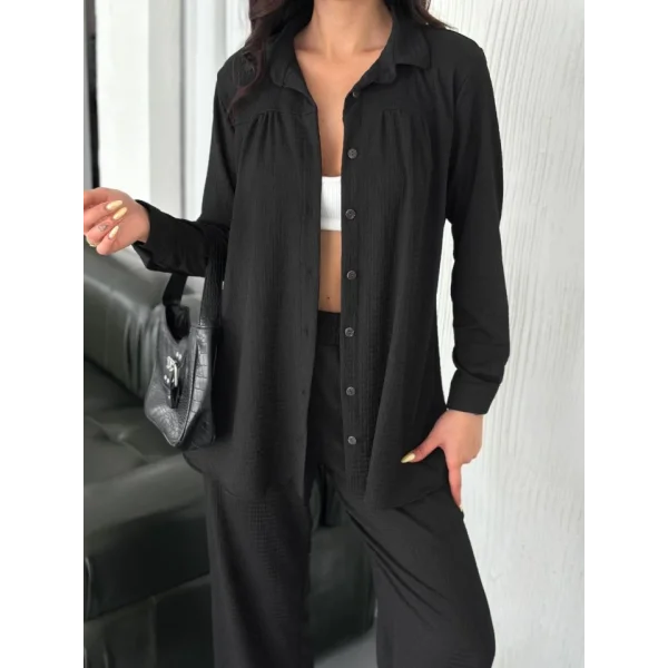 Yakalı Düğmeli Uzun Kollu Gömlek Pantolon Ikili Takım - Siyah