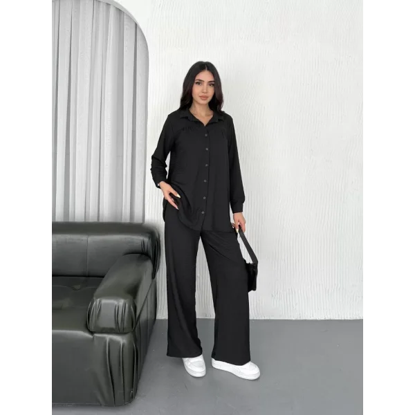 Yakalı Düğmeli Uzun Kollu Gömlek Pantolon ikili Takım - Siyah