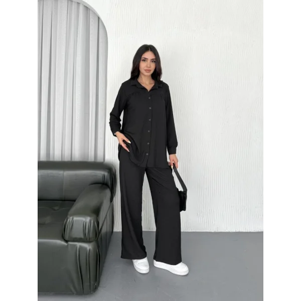 Yakalı Düğmeli Uzun Kollu Gömlek Pantolon Ikili Takım - Siyah