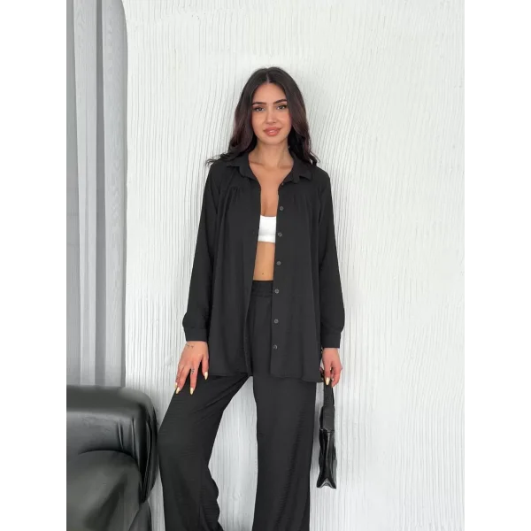 Yakalı Düğmeli Uzun Kollu Gömlek Pantolon ikili Takım - Siyah