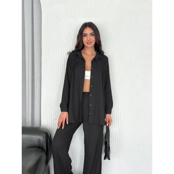 Yakalı Düğmeli Uzun Kollu Gömlek Pantolon Ikili Takım - Siyah