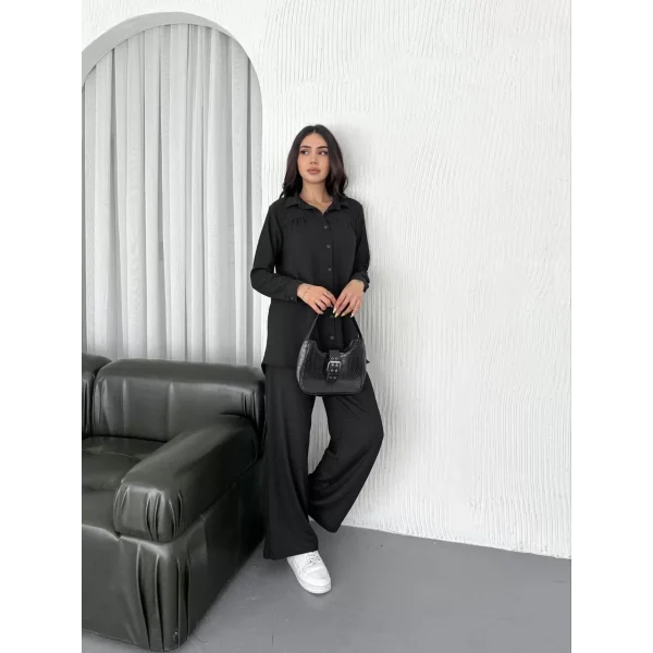 Yakalı Düğmeli Uzun Kollu Gömlek Pantolon ikili Takım - Siyah