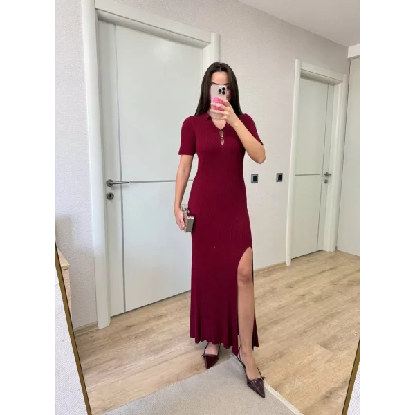 Yakalı Fitilli Kısa kollu Uzun Triko Elbise - Bordo