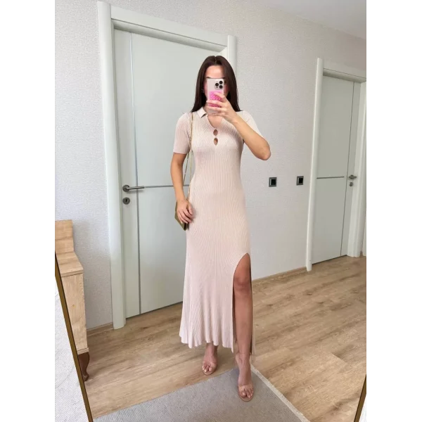 Yakalı Fitilli Kısa kollu Uzun Triko Elbise - Kırık Beyaz