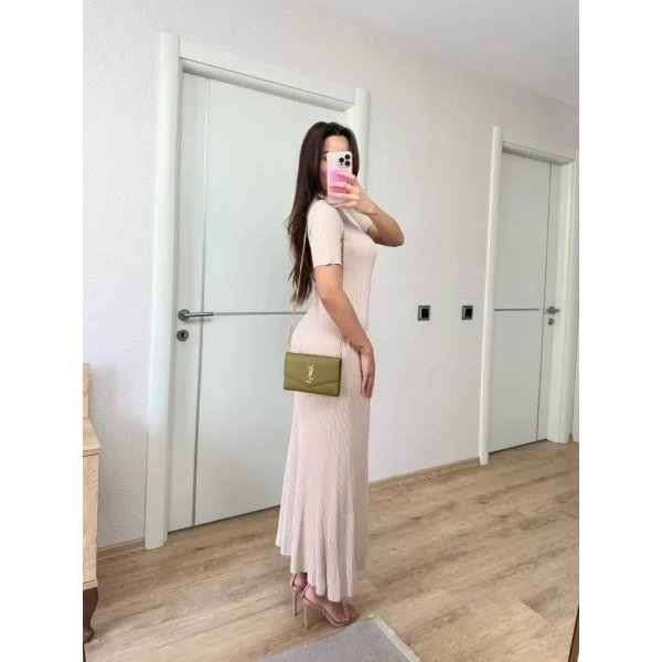 Yakalı Fitilli Kısa kollu Uzun Triko Elbise - Kırık Beyaz