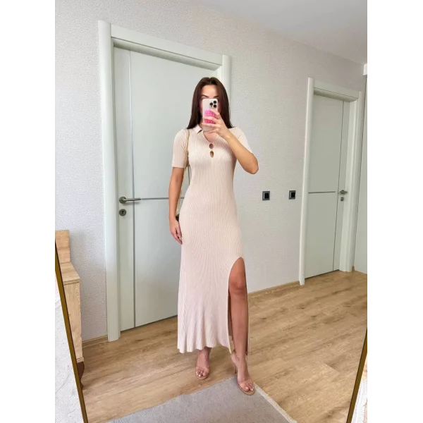 Yakalı Fitilli Kısa kollu Uzun Triko Elbise - Kırık Beyaz