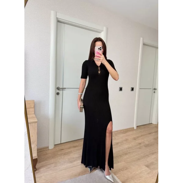 Yakalı Fitilli Kısa kollu  Uzun Triko Elbise - Siyah