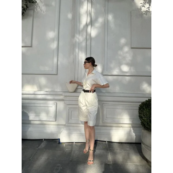 Yakalı Gömlek Kemerli Şortlu Takım - Beyaz