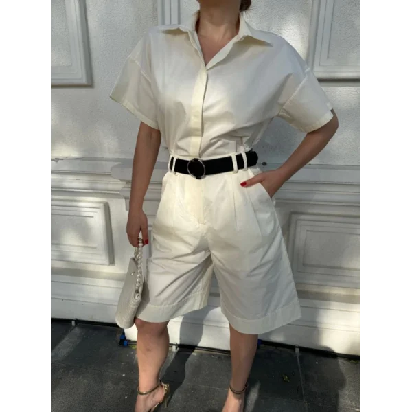 Yakalı Gömlek Kemerli Şortlu Takım - Beyaz