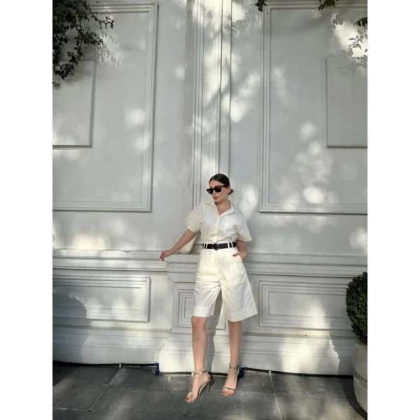 Yakalı Gömlek Kemerli Şortlu Takım - Beyaz