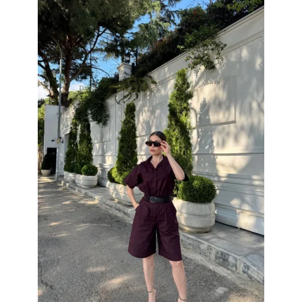 Yakalı Gömlek Kemerli Şortlu Takım - Bordo