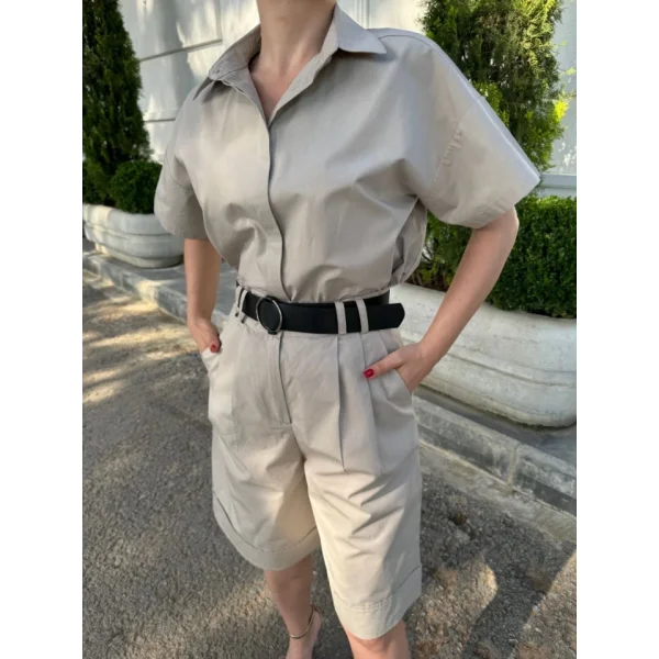 Yakalı Gömlek Kemerli Şortlu Takım - Gri