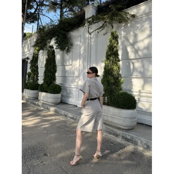 Yakalı Gömlek Kemerli Şortlu Takım - Gri