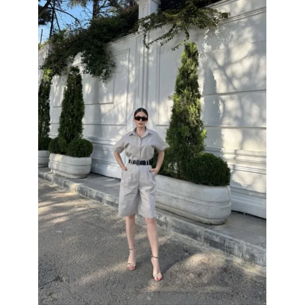 Yakalı Gömlek Kemerli Şortlu Takım - Gri