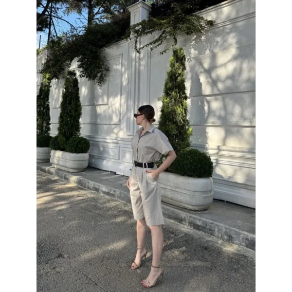 Yakalı Gömlek Kemerli Şortlu Takım - Gri