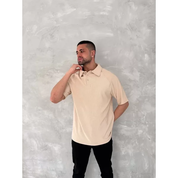 Yakalı Patlı Kısa Kol T-shirt - Bej