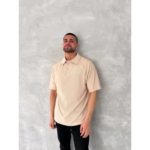 Yakalı Patlı Kısa Kol T-shirt - Bej