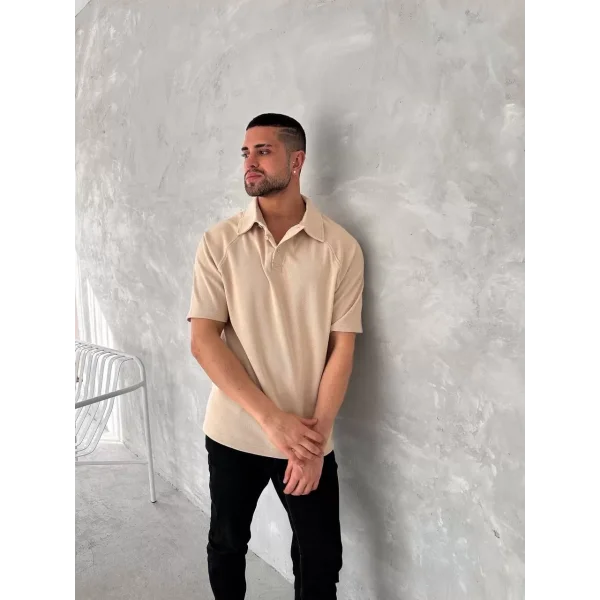 Yakalı Patlı Kısa Kol T-shirt - Bej